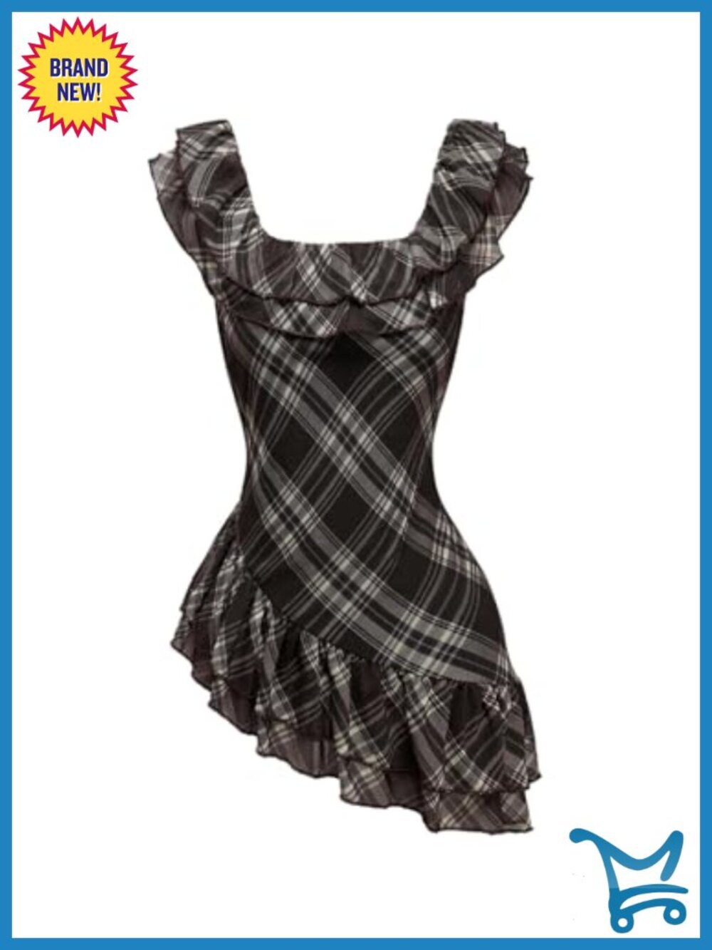 Women's Plaid Square Neck Ruffled Asymmetrical Sleeveless Top